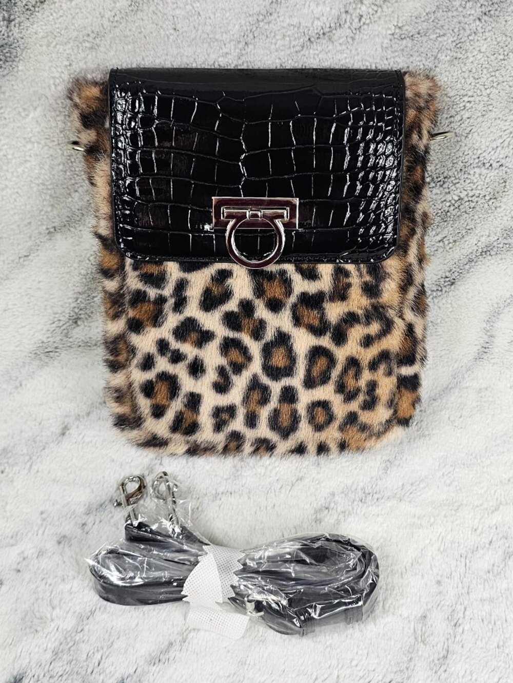 Dolls Kill Current Mood Leopard Crocodile Vegan Leather Faux Fur Crossbody Bag